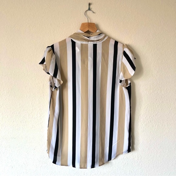 NEW YORK & COMPANY Black White & Beige Vertical Stripes Blouse - Women's Medium - Picture 2 of 9